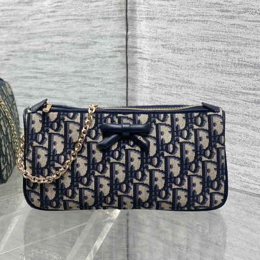 DIOR 26S PROMENADE BAG 22 IN NAVY BLUE AND BEIGE OBLIQUE JACQUARD