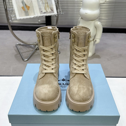 PRADA 25S WARRIOR BOOTS IN BEIGE SUEDE