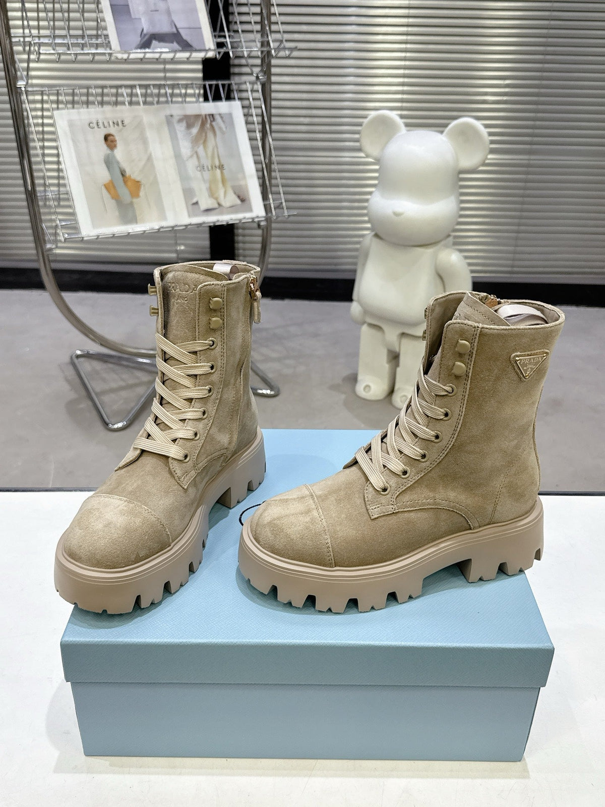 PRADA 25S WARRIOR BOOTS IN BEIGE SUEDE