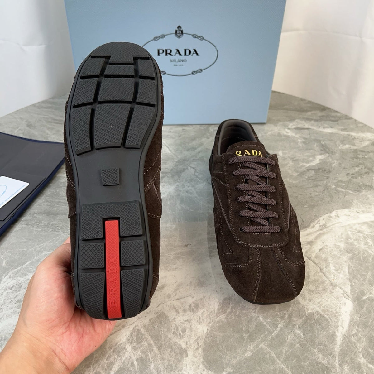 PRADA 25S MONTECARLO ANTIQUED SNEAKERS IN DARK BROWN SUEDE