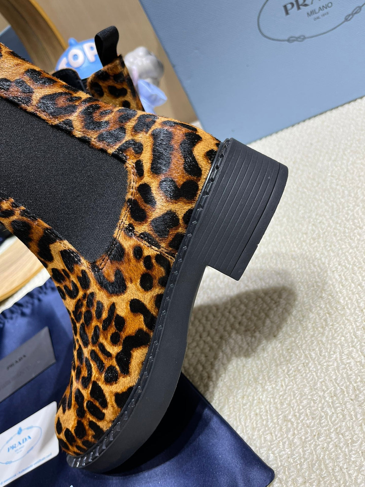 ANKLE BOOTS ATTACHED TRIANGLE LOGO IN LEOPARD PRINT HORSEHAIR