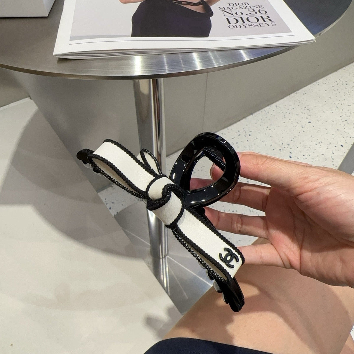 CHANEL 26S BOW HAIR CLIP IN WHITE RIBBON 512097