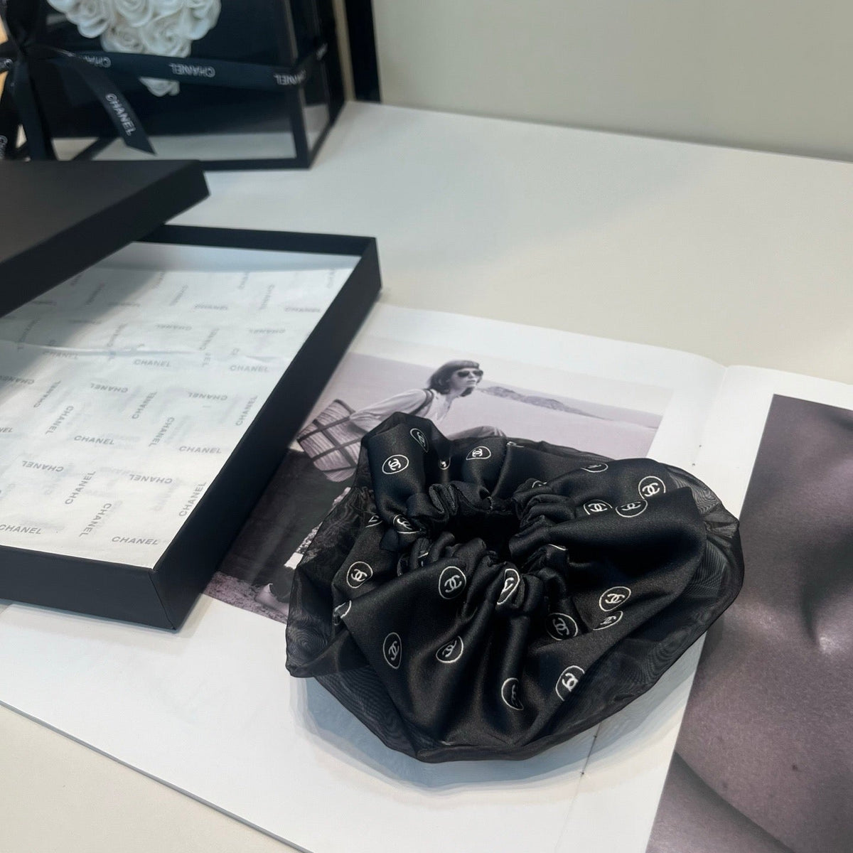 CHANEL 26S BOW SCRUNCHIE IN BLACK SILK 512117
