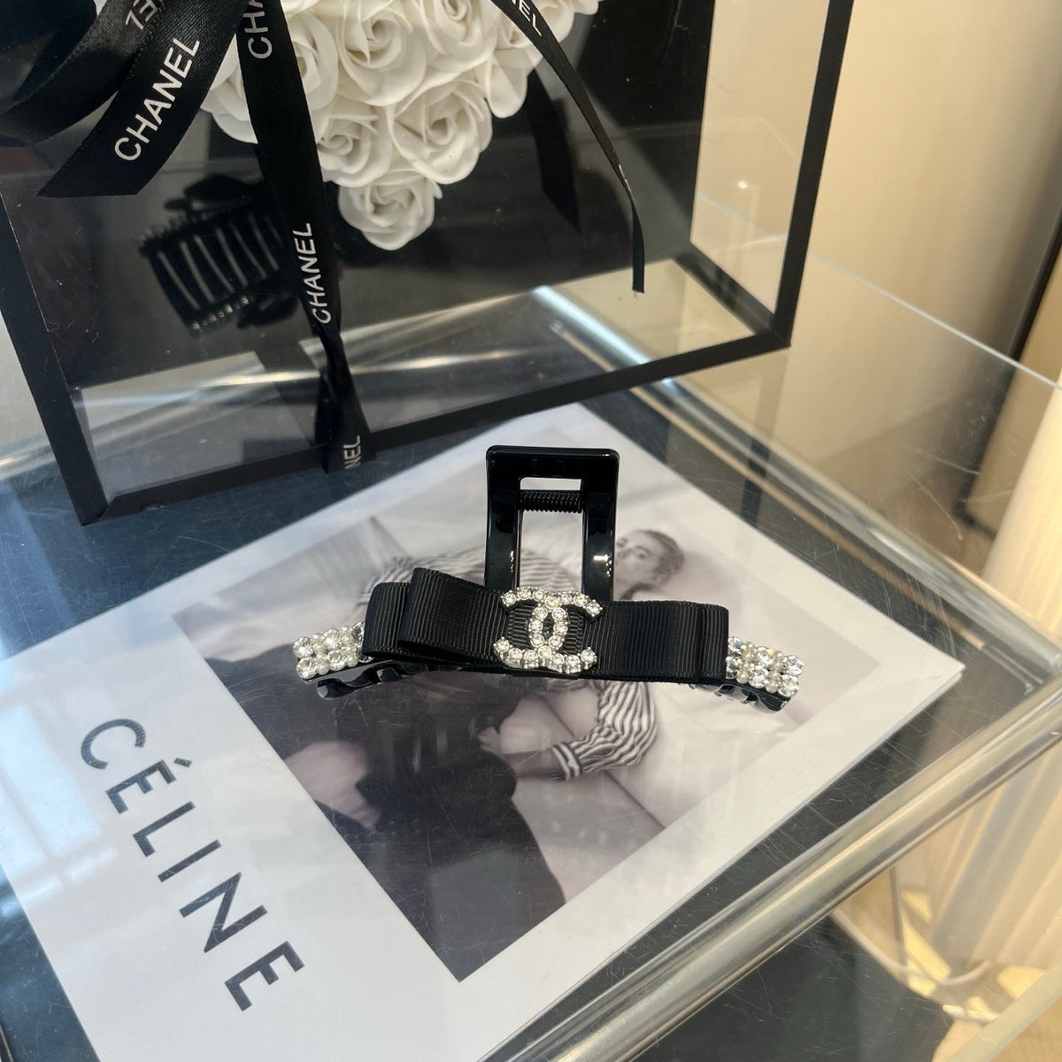 CHANEL 26S BOW HAIR CLIP IN BLACK RIBBON 512130