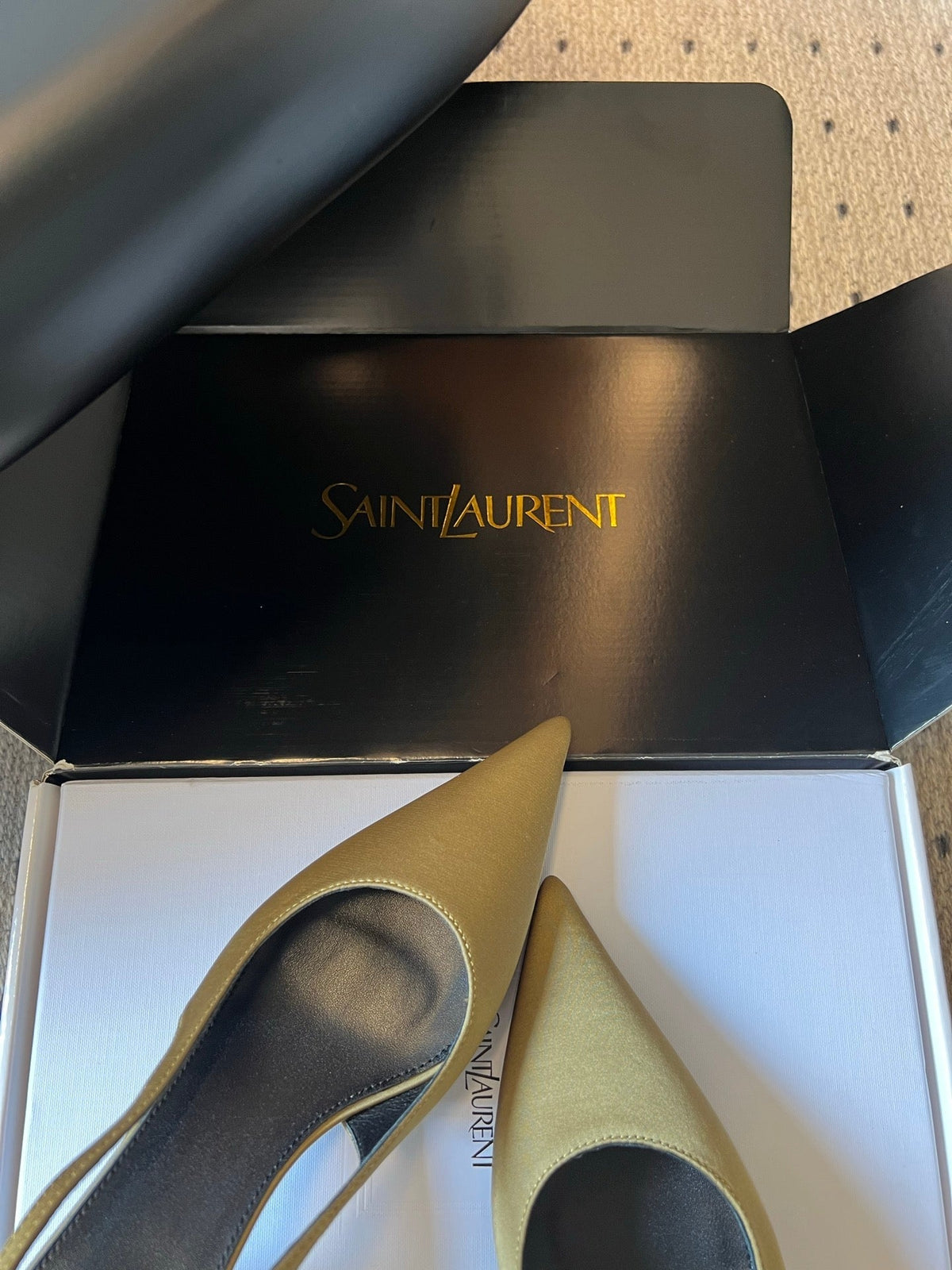 YSL 26S HEELED SLINGBACKS 60 MM IN OLIVE GREEN SATIN