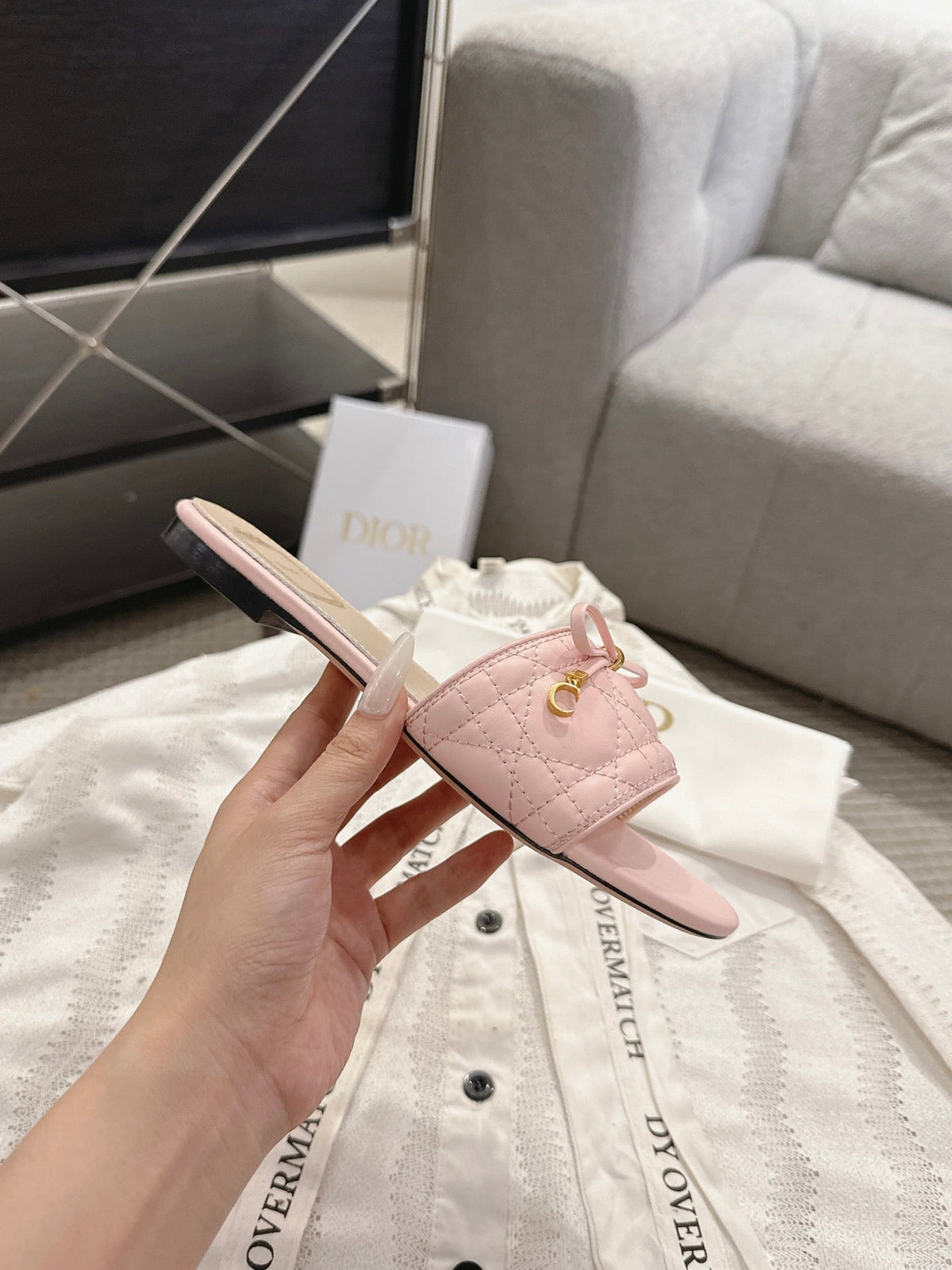 DIOR 26S FLAT MULES IN LIGHT PINK QUILTED CALFSKIN GOLD HARDWARE