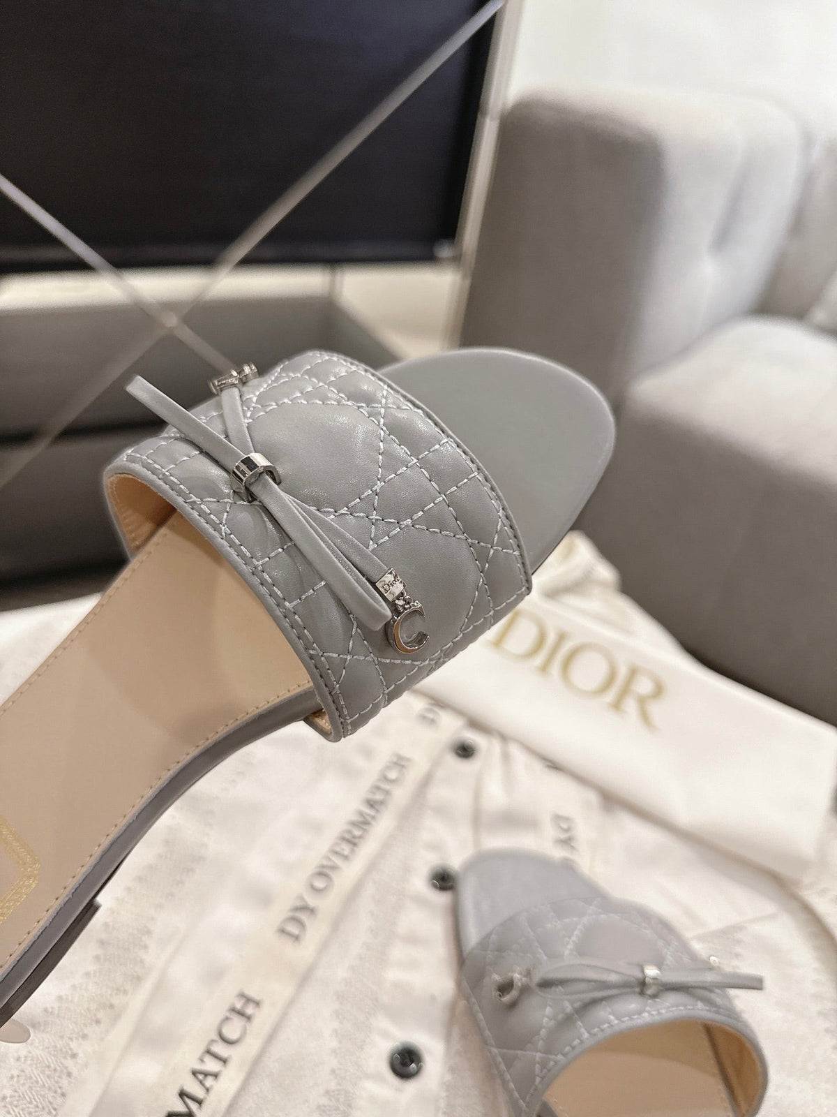 DIOR 26S FLAT MULES IN LIGHT GREY QUILTED CALFSKIN SILVER HARDWARE