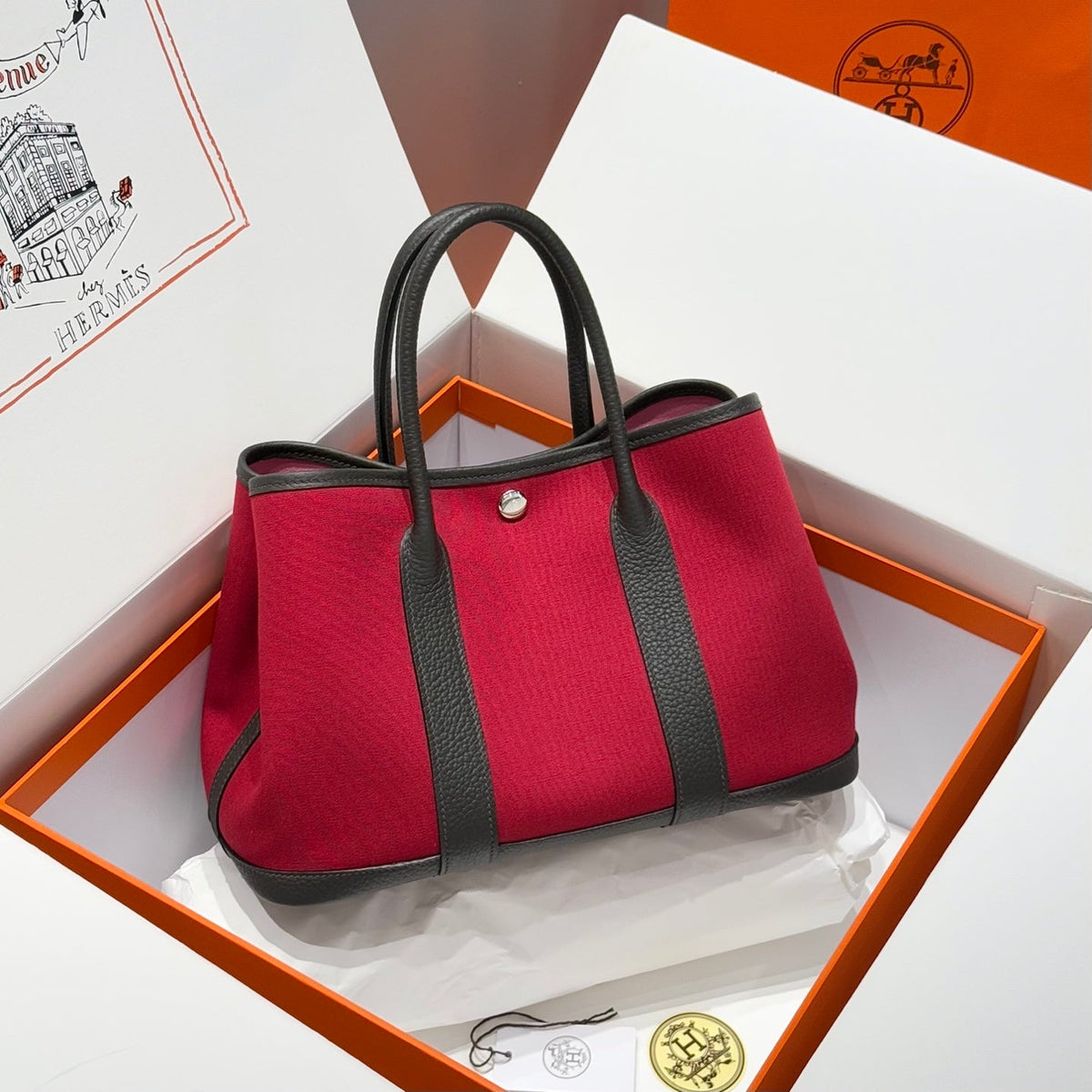 GARDEN PARTY 30CM IN RED TOILETS COTTON CANVAS AND DARK BROWN CALFSKIN PINK ON SIDE OTHER