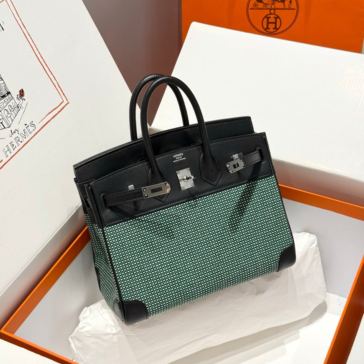 QUADRILLE BIRKIN 25CM IN BLACK SWIFT CALFSKIN BLACK/MINT/BLANC TOILE CANVAS