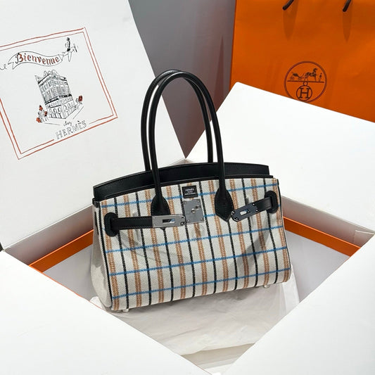BIRKIN SHOULDER 29 IN BLACK CALFSKIN ÉCRU/NOIR/FAUVE/NOIR/BLEU ZANZIBAR EMBROIDERY PLAID CANVAS
