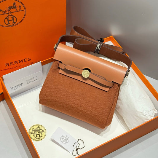 HERMES 25S MINI HERBAG 20 IN COPPER BROWN CANVAS GOLD HARDWARE
