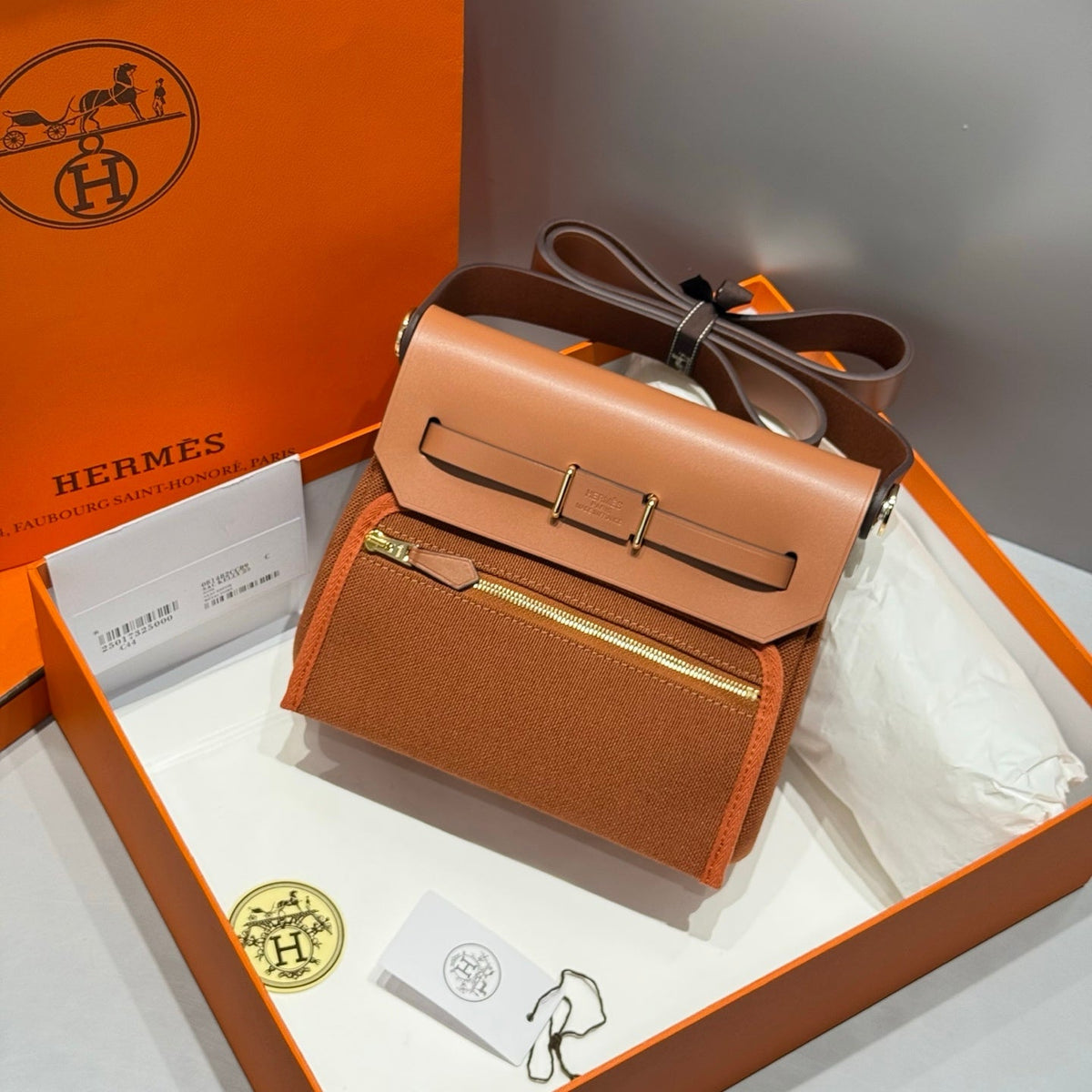 HERMES 25S MINI HERBAG 20 IN COPPER BROWN CANVAS GOLD HARDWARE