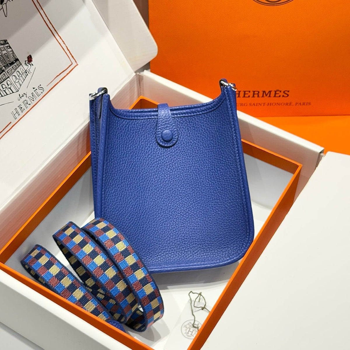HERMES 25S MINI EVELYNE 18 IN BLUE PATTERNED STRAP CALFSKIN SILVER HARDWARE