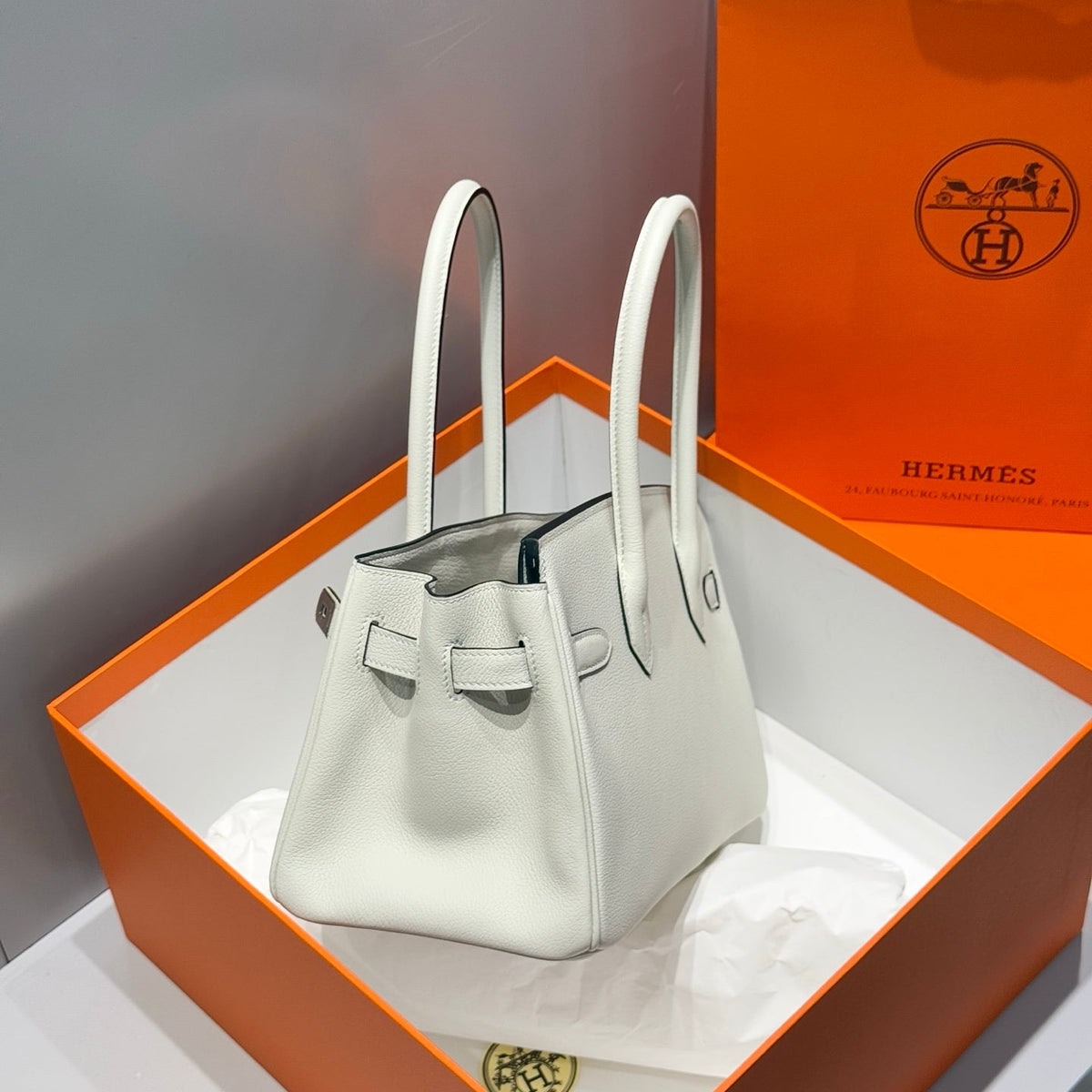 HERMES 25S SHOULDER BIRKIN 29 IN MILKY WHITE CALFSKIN SILVER HARDWARE