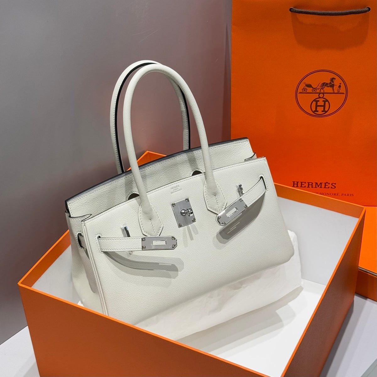 HERMES 25S SHOULDER BIRKIN 29 IN MILKY WHITE CALFSKIN SILVER HARDWARE