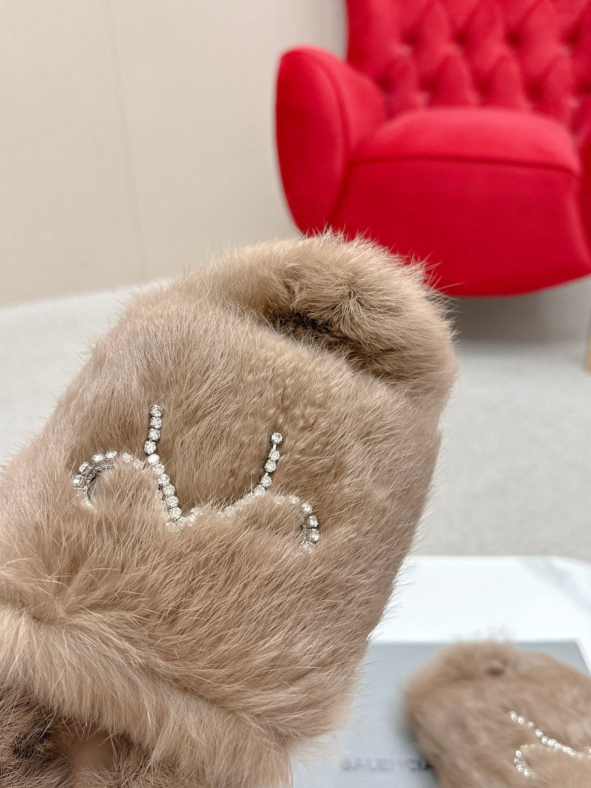 BALENCIAGA 25S SOFT FUR SLIPPERS IN LIGHT BROWN FUR WITH RHINESTONE BOW
