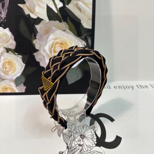 BRAIDED HEADBAND IN BLACK AND TORTILLA BROWN TRIM FABRIC 381461