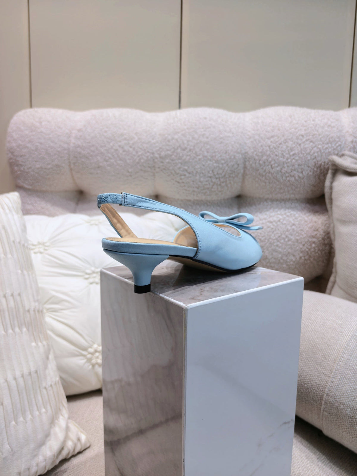 DIOR 26S BOW HEELED SLINGBACK SANDAL 45MM IN SKY BLUE CALFSKIN