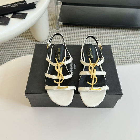 Yves SL Buckle Women Sandals Black White Leather
