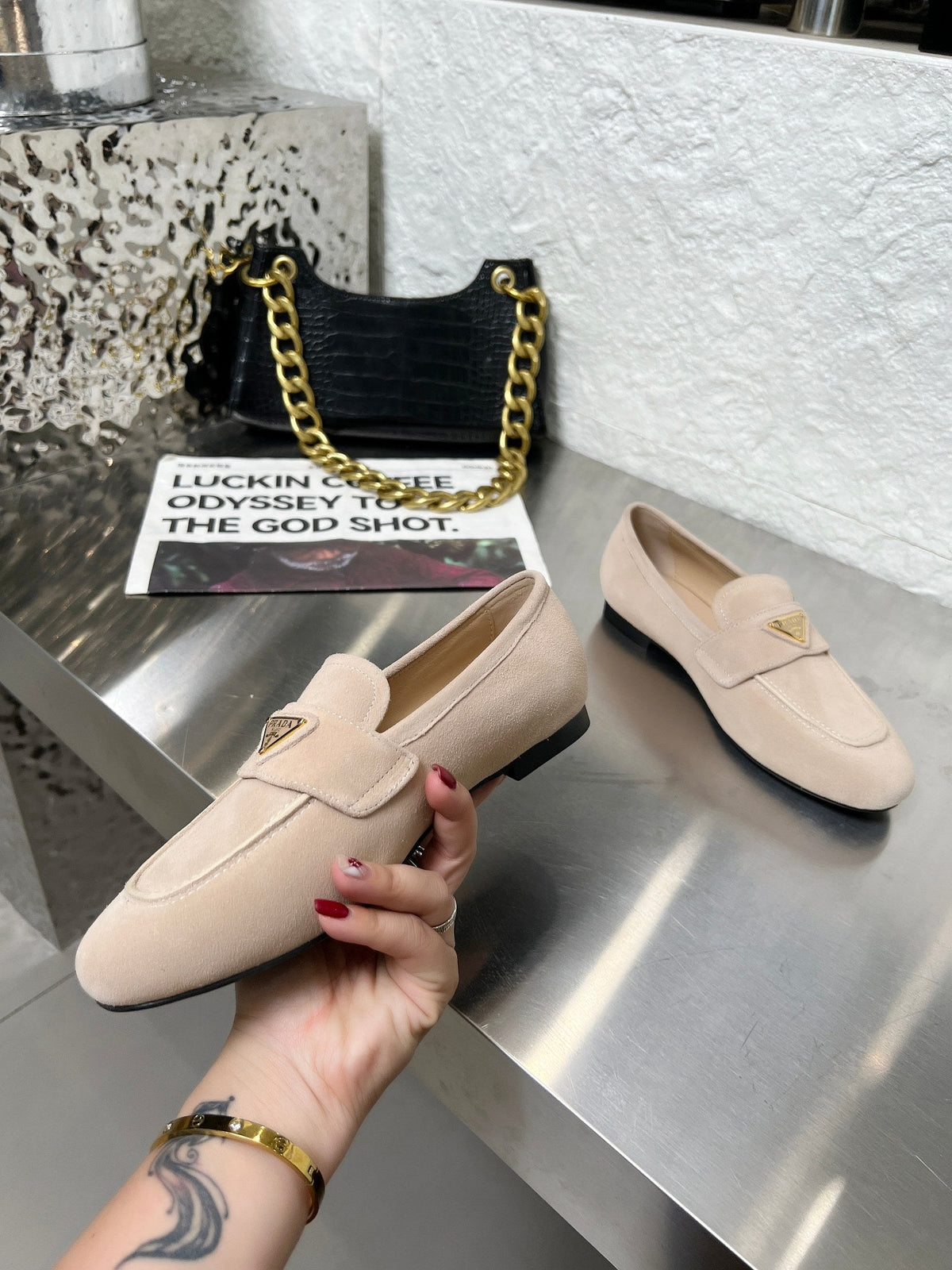 PRADA 26S CLASSIC LOAFERS IN NUDE BEIGE LOGO SUEDE