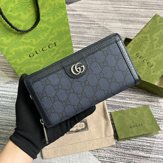 OPHIDIA GG 19 ZIP AROUND WALLET DARK BLUE CANVAS AND BLACK CALFSKIN