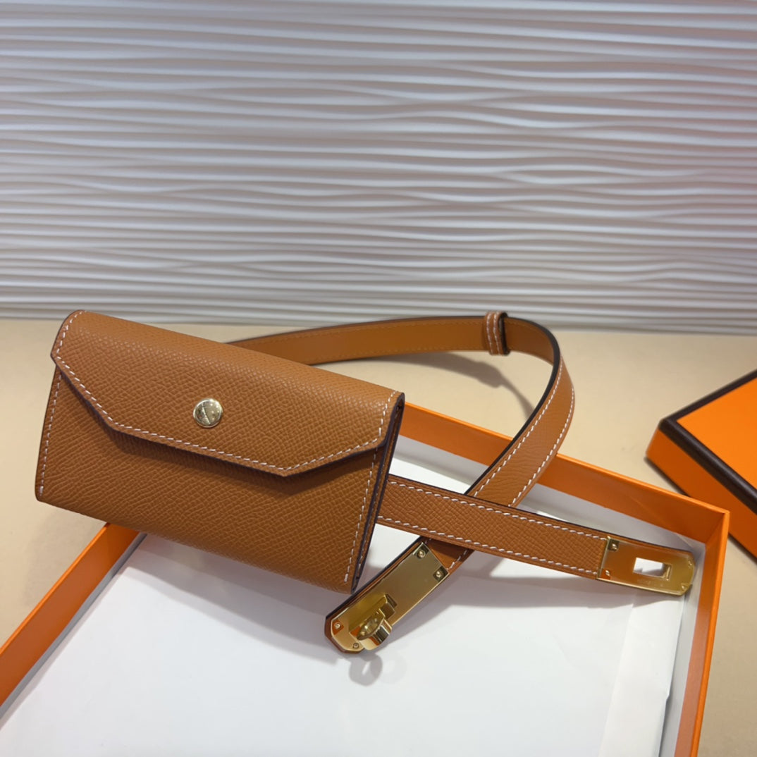 HM KELLY POCKET 18MM BELT CINNAMON BROWN LEATHER GOLD HARDWARE mysite