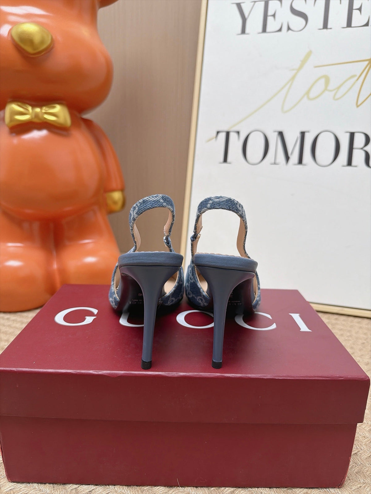 GUCCI 26S SLINGBACK HEELS 105 MM IN BLUE DENIM MIX LAMBSKIN