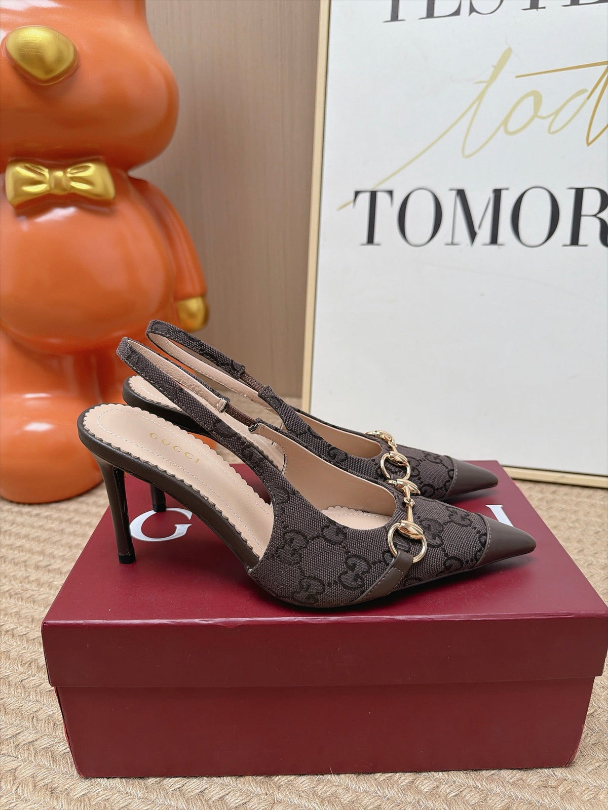 GUCCI 26S SLINGBACK HEELS 105 MM IN DARK BROWN CANVAS MIX LAMBSKIN