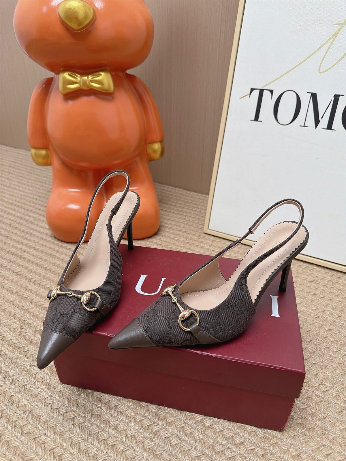 GUCCI 26S SLINGBACK HEELS 105 MM IN DARK BROWN CANVAS MIX LAMBSKIN