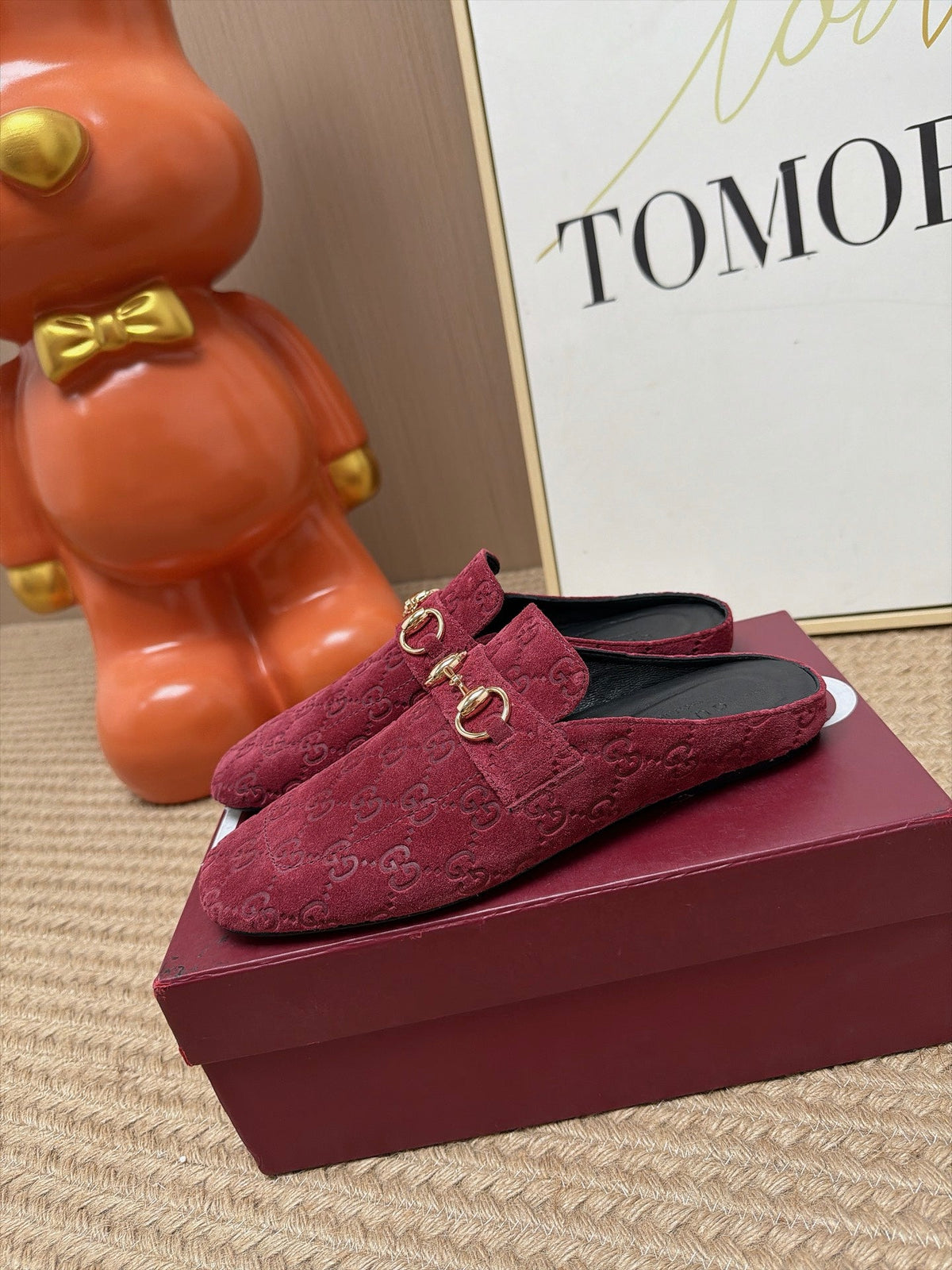 GUCCI 26S FLAT MULES IN DARK RED GG EMBOSSED SUEDE