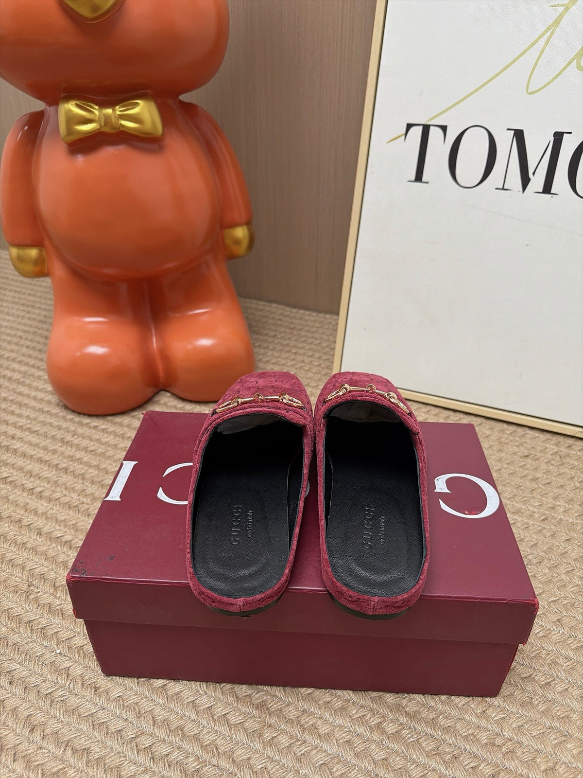 GUCCI 26S FLAT MULES IN DARK RED GG EMBOSSED SUEDE