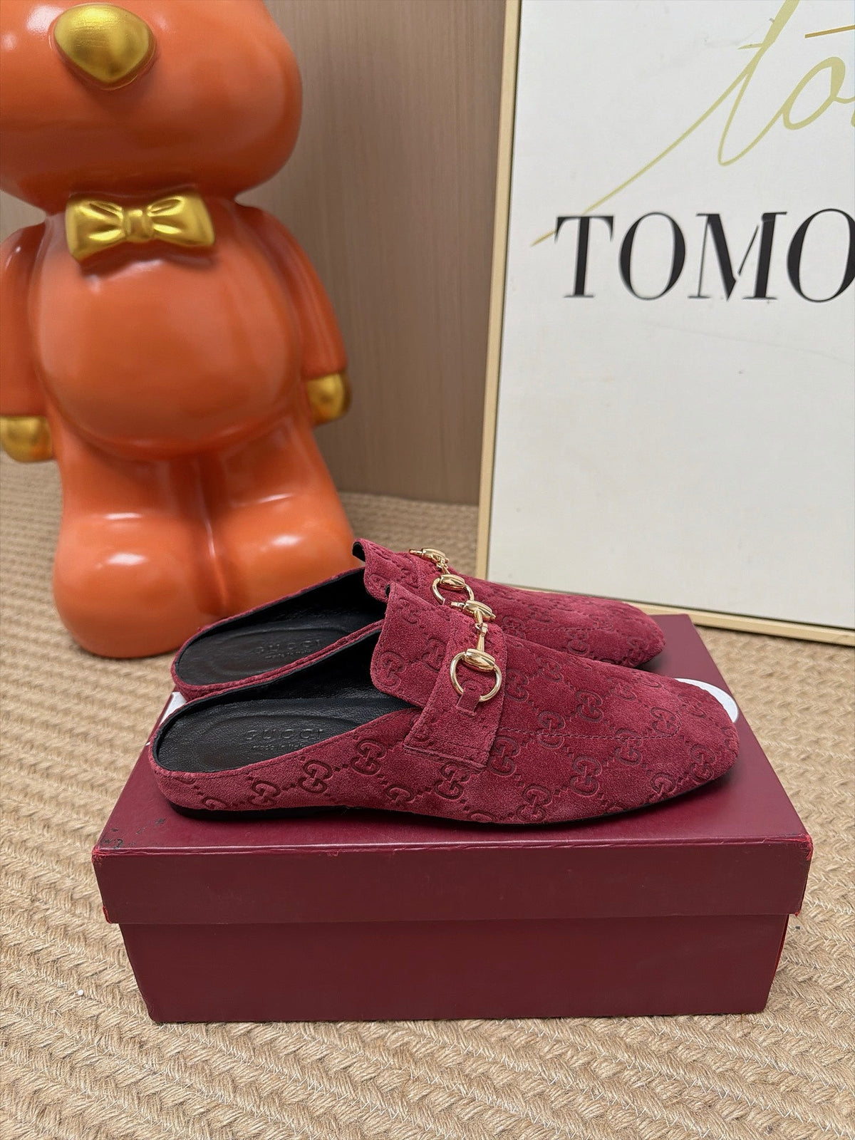 GUCCI 26S FLAT MULES IN DARK RED GG EMBOSSED SUEDE