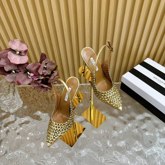 AQUAZZURA 26S SLINGBACK PUMPS 105 MM IN GOLD CALFSKIN WITH CRYSTAL