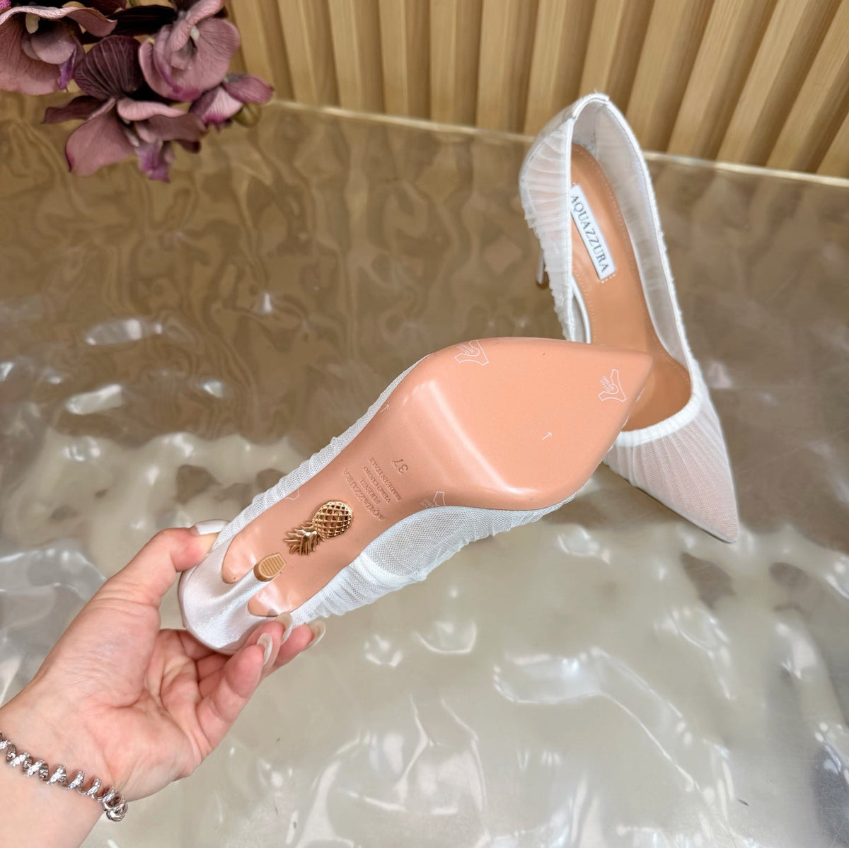 AQUAZZURA 26S HIGH HEELS 105 MM IN WHITE LACE MESH AND SATIN