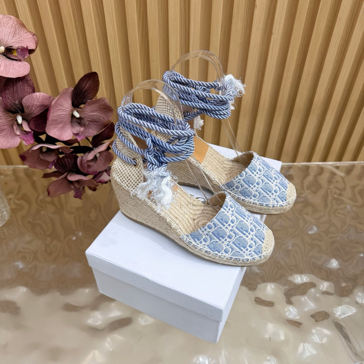 DIOR 26S OBLIQUE LACE-UP WEDGE ESPADRILLE SANDALS IN LIGHT BLUE EMBROIDERED COTTON