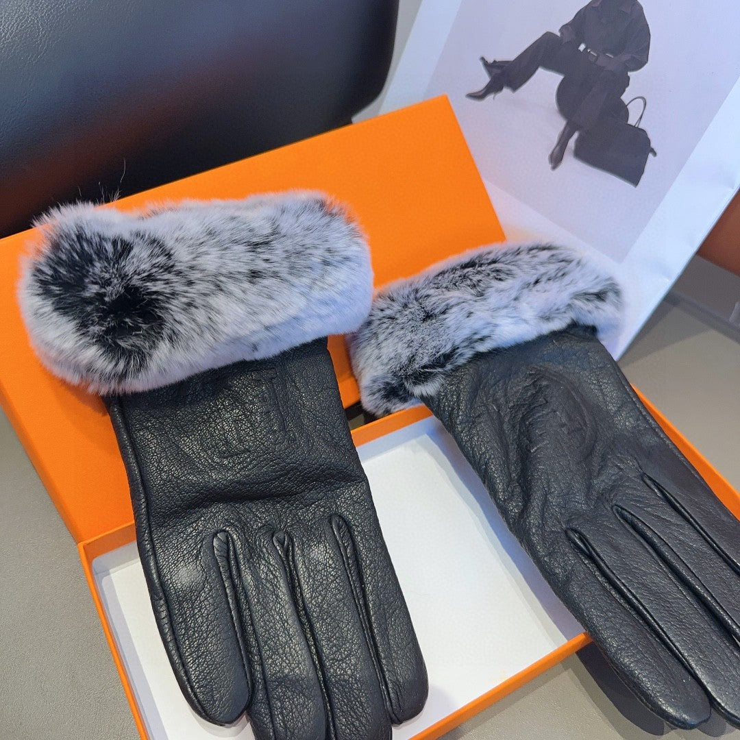 GLOVES IN BLACK DEERSKIN WITH RABBIT FUR 463888
