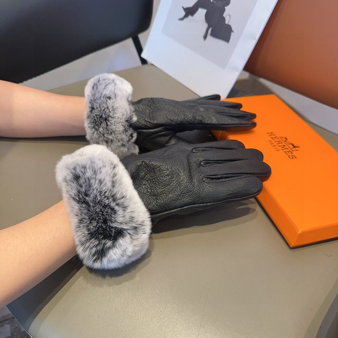 GLOVES IN BLACK DEERSKIN WITH RABBIT FUR 463888