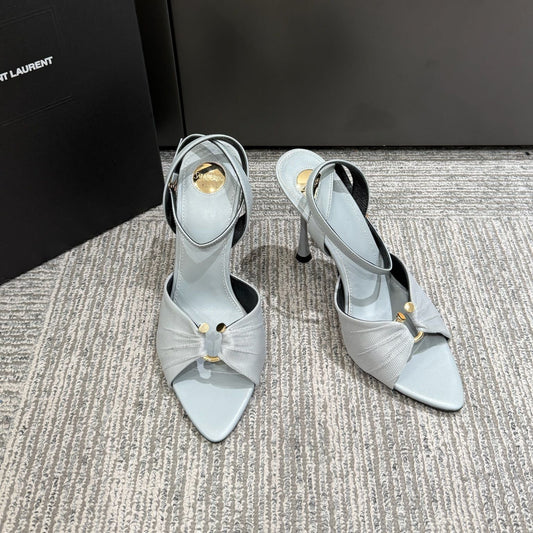 YSL HEELED SANDALS 25S 100 MM IN LIGHT SLATE BLUE LAMBSKIN