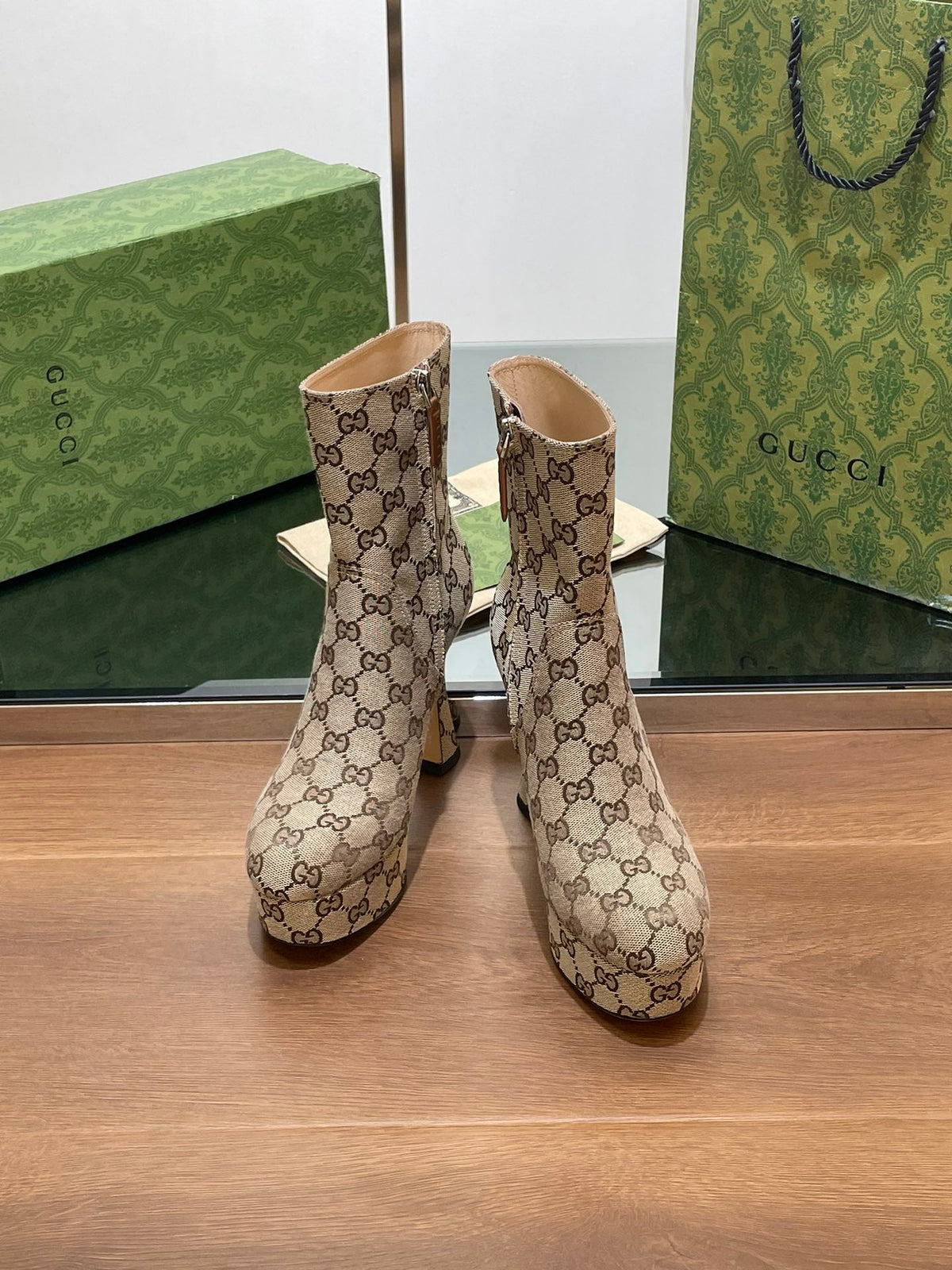 GG SHORT BOOTS 11.5 CM IN CAMEL BROWN MONOGRAM JACQUARD FABRIC