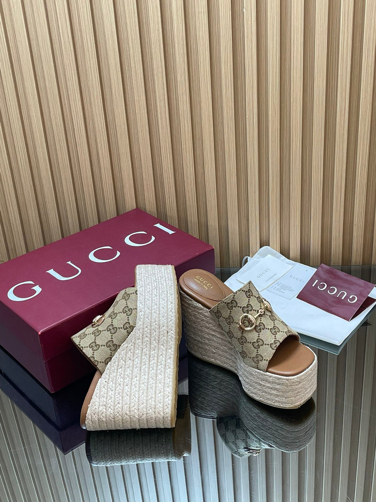 GUCCI 26S WEDGE SANDALS 110 MM IN BEIGE CANVAS GG MONOGRAM