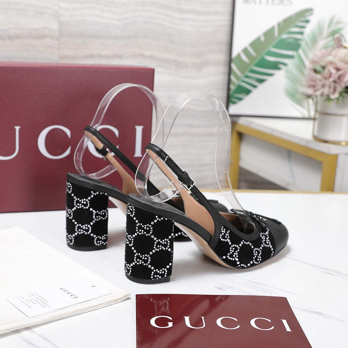 GUCCI 26S HEEL SLINGBACK PUMP 80 MM IN BLACK CALFSKIN AND SUEDE