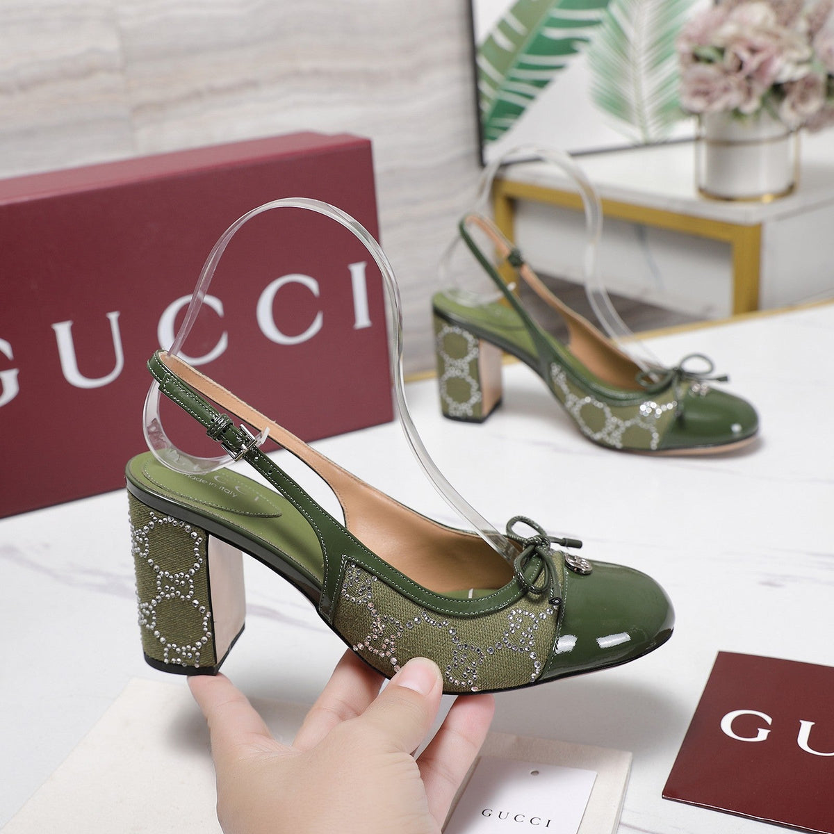 GUCCI 26S HEEL SLINGBACK PUMP 80 MM IN OLIVE GREEN CALFSKIN AND CANVAS