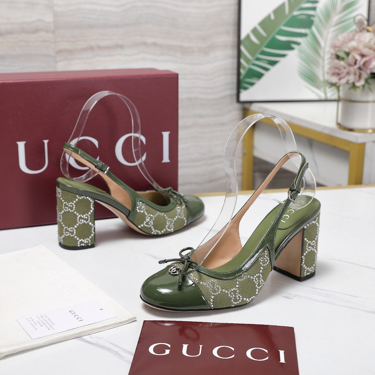 GUCCI 26S HEEL SLINGBACK PUMP 80 MM IN OLIVE GREEN CALFSKIN AND CANVAS