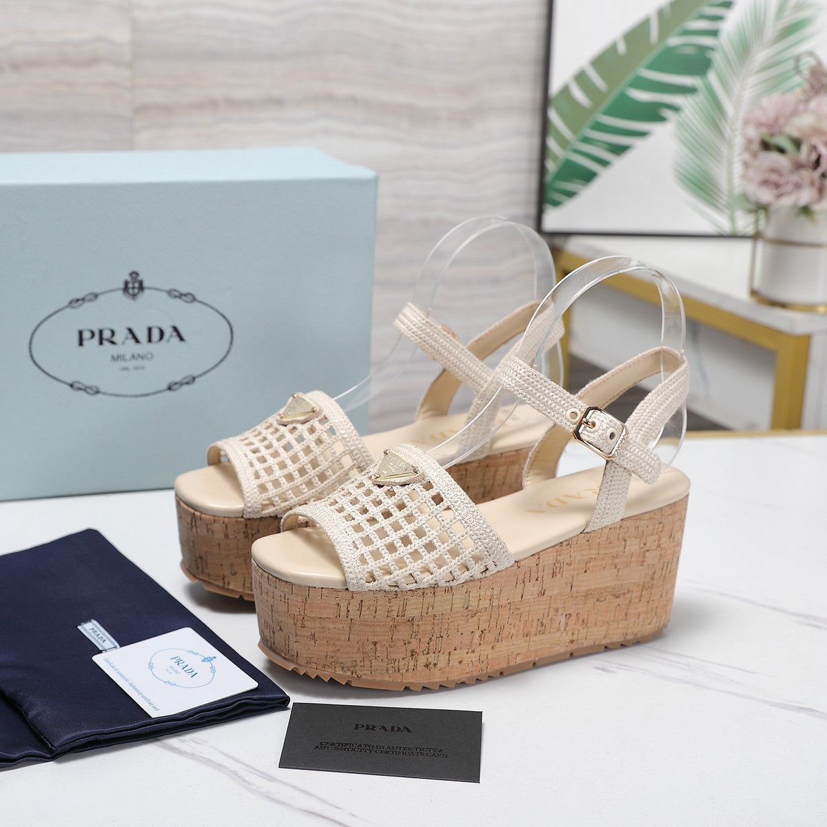PRADA 26S WEDGE SANDALS IN CREAM WHITE CROCHET AND LEATHER
