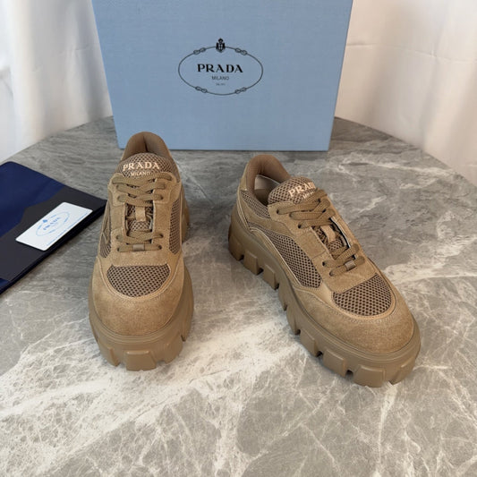 PRADA 26S GEAR SOLE SNEAKERS IN KHAKI BROWN SUEDE AND MESH