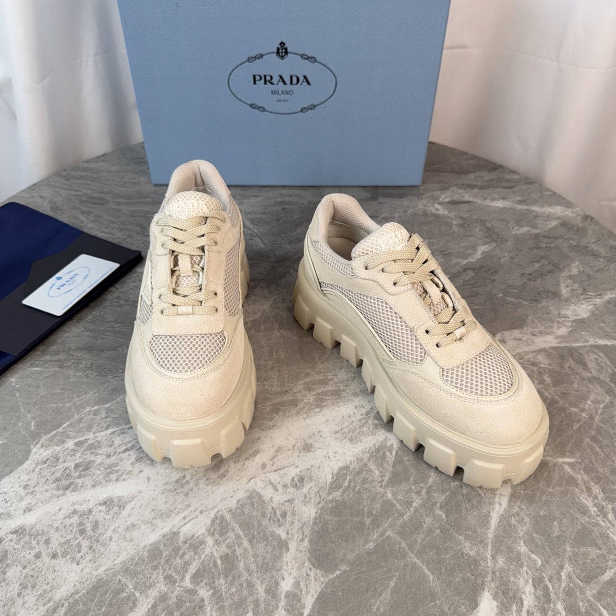 PRADA 26S GEAR SOLE SNEAKERS IN LIGHT BEIGE SUEDE AND MESH