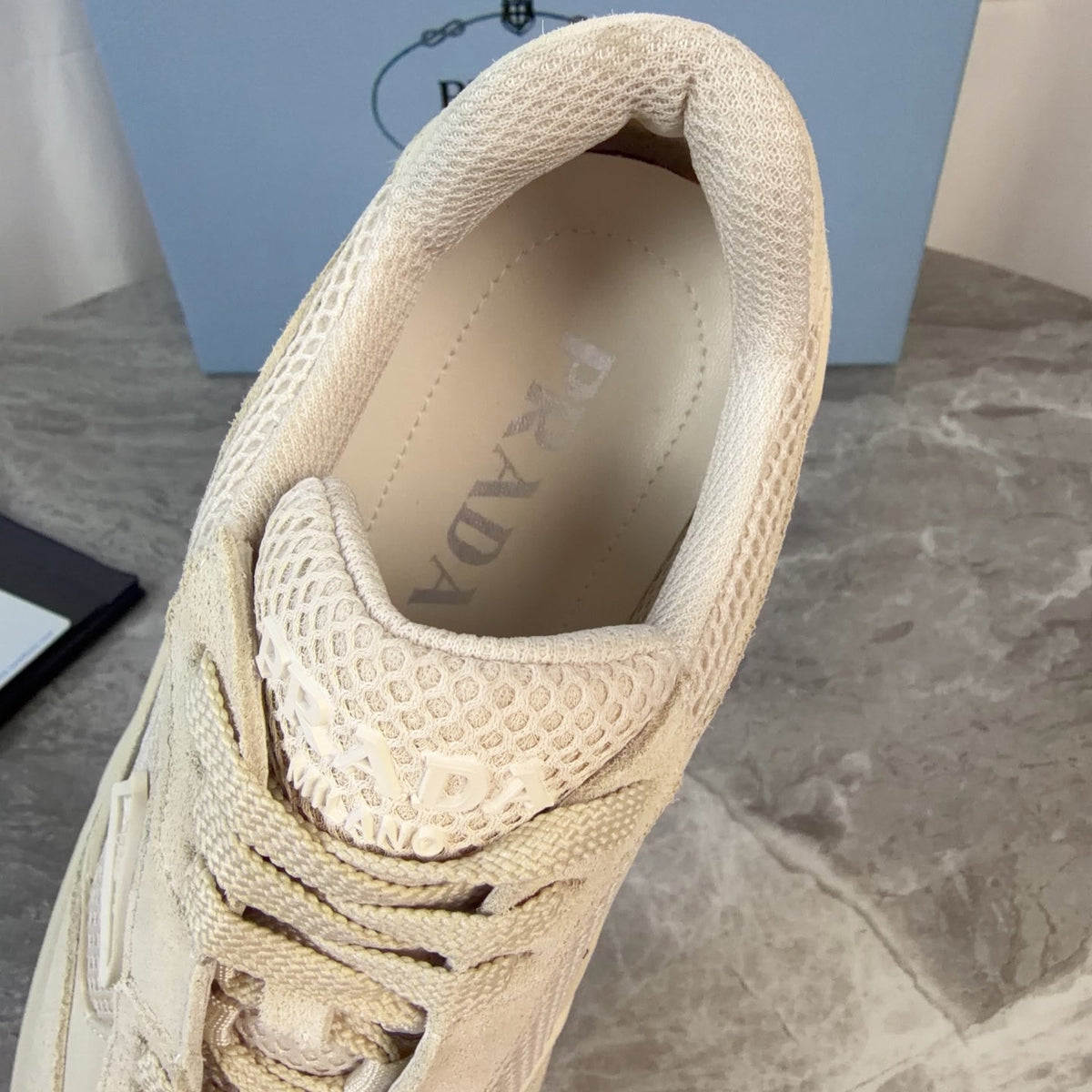PRADA 26S GEAR SOLE SNEAKERS IN LIGHT BEIGE SUEDE AND MESH