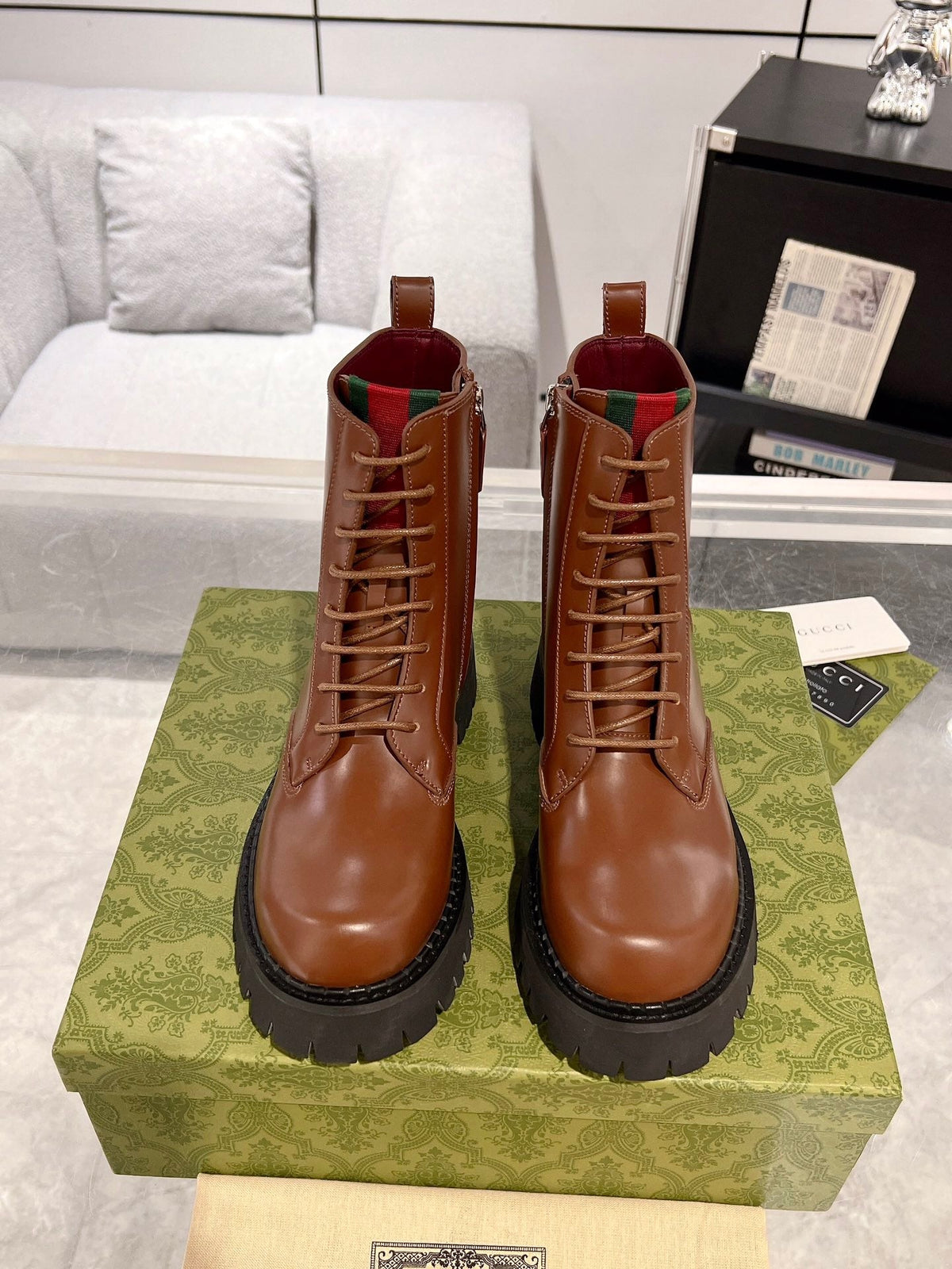 GG WEB ANKLE BOOTS IN CINNAMON BROWN CALFSKIN