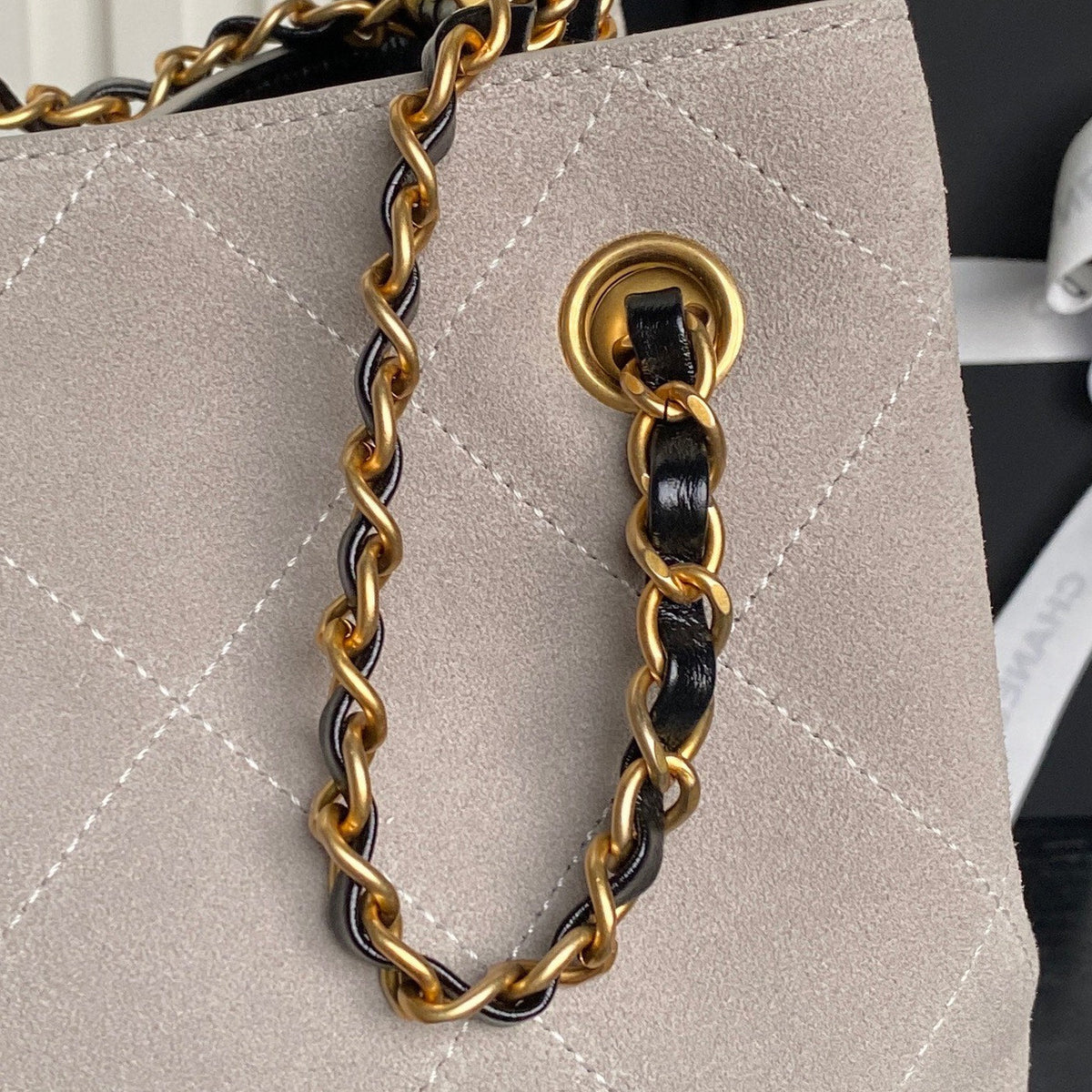 CHANEL 25S HOBO BAG 36 IN GREY SUEDE AND BLACK CALFSKIN WITH GOLD HARDWARE