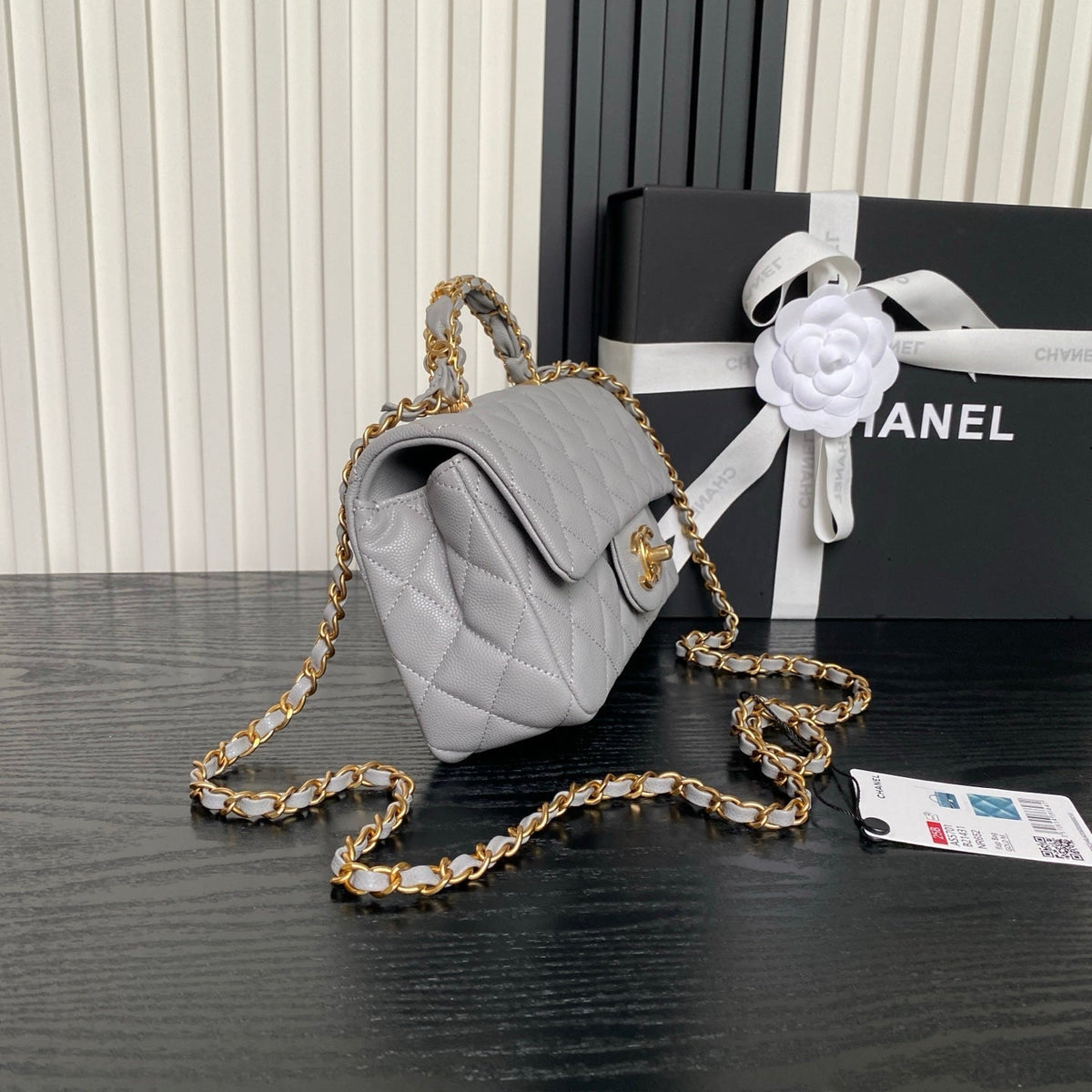 CHANEL 25S FLAP BAG 19 IN CHARCOAL GRAY CALFSKIN GOLD HARDWARE
